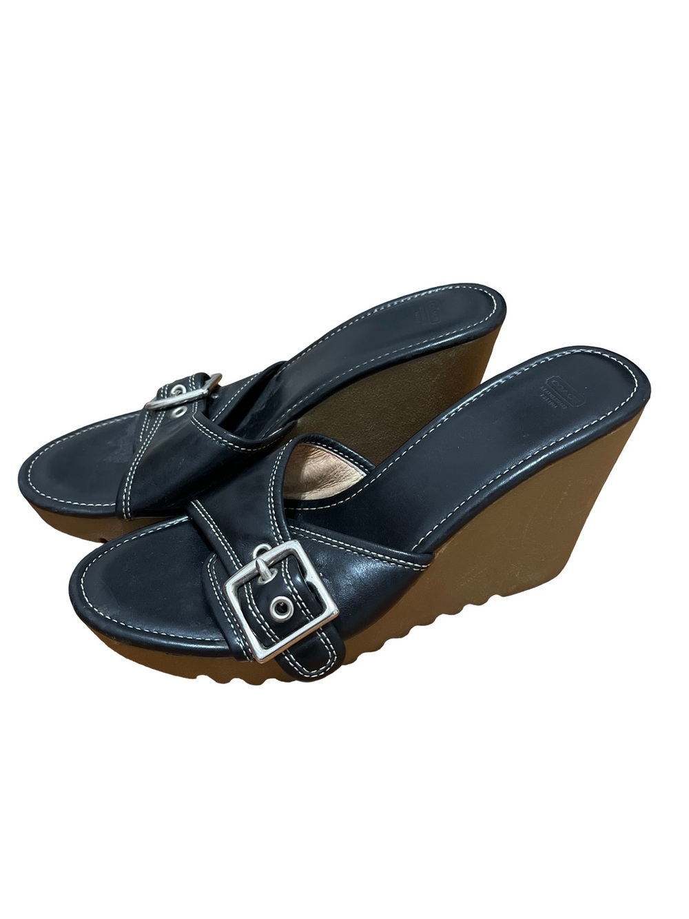 COACH Terry Women’s 7.5 Black Leather Buckle Wedge Sandals